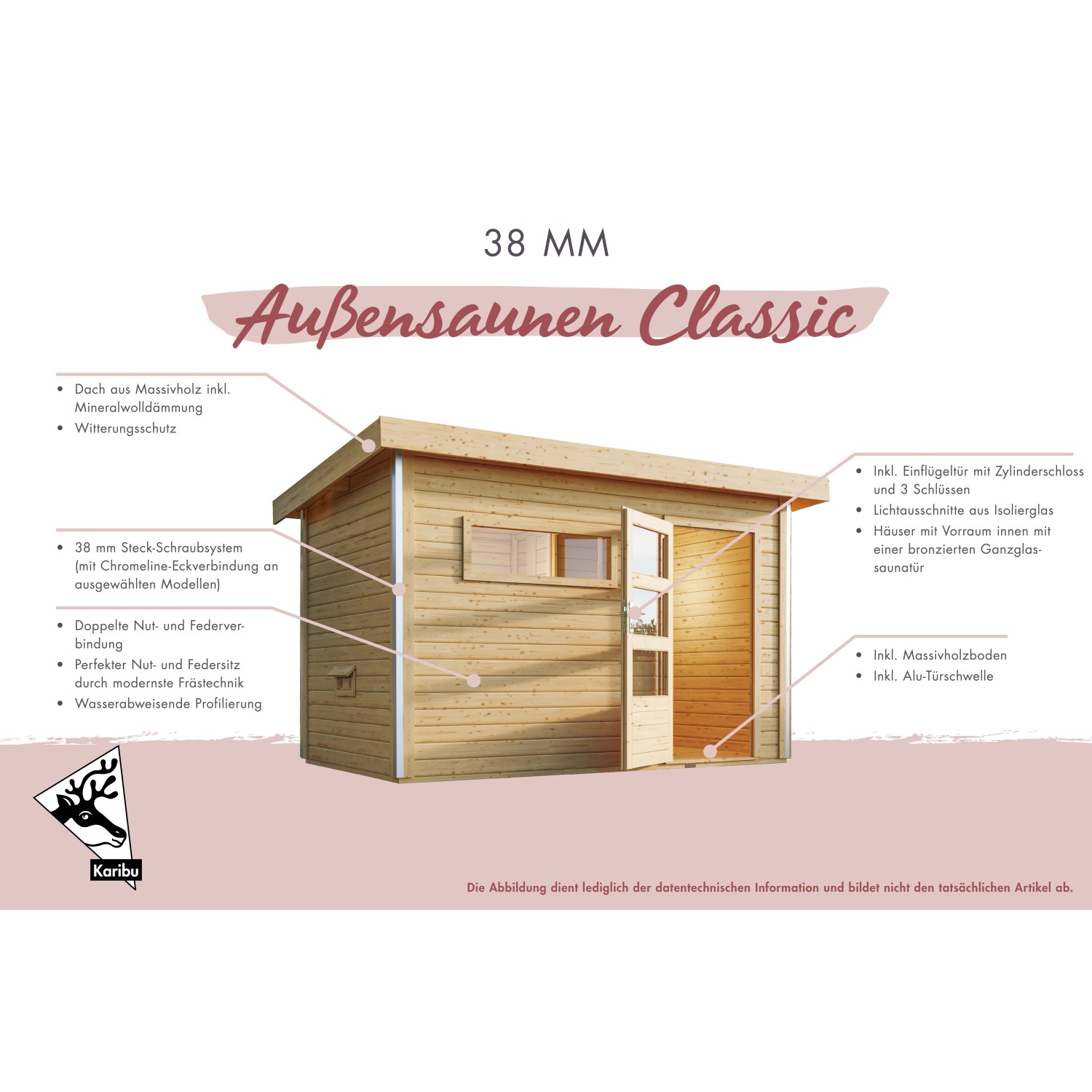 Karibu Saunahaus Hendrik 1 mit Ofen und externer Steuerung. Holzsauna mit Glastür und Bänken.