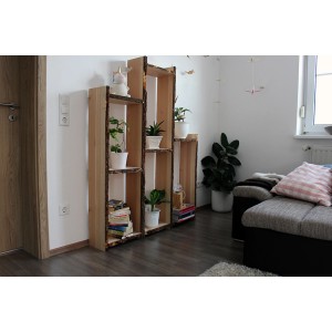 Regal aus Eiche Massivholz mit unbesäumter Kante, bestückt mit Pflanzen und Büchern.
