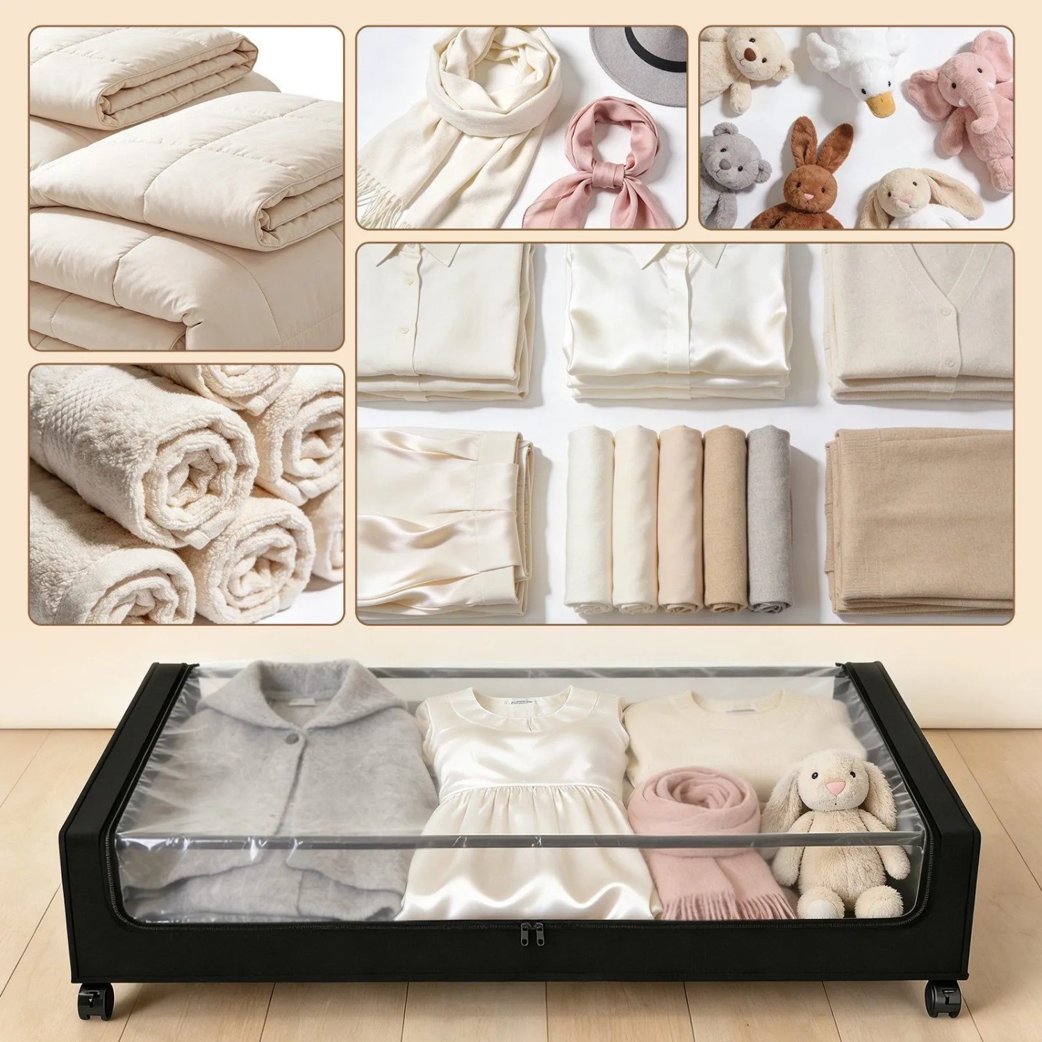 Schwarze Unterbett Aufbewahrungsbox mit transparentem Deckel und Rollen, gefüllt mit Kleidung und Textilien. Praktischer Organizer.