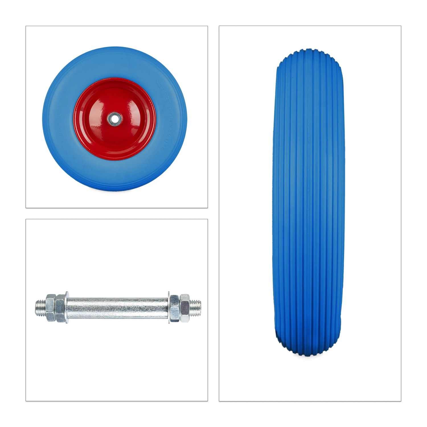 Relaxdays Schubkarrenrad mit Achse Vollgummi Blau-Rot Pannensicher 39 cm x 9 cm