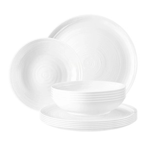 Seltmann Weiden Terra Tafelservice 12-teilig weiß aus Porzellan mit spiralförmigem Relief. Geschirrset mit Tellern und Schalen.