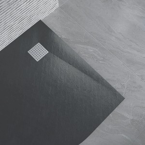 Schwarze Aquabatos Viertelkreis Duschwanne 90x90 cm in Steinoptik mit Ablauf.