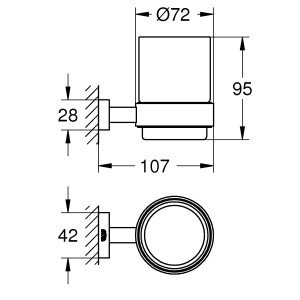 Technische Zeichnung: Grohe Essentials Cube Glas mit Halter, Maße und Details zur Installation.