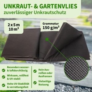 TTL GARDEN Unkrautvlies 150g/m² 2x5m Schwarz  10m² Extra Starkes Gartenvlies gegen Unkraut Mulchvlies Wasserdurchlässig