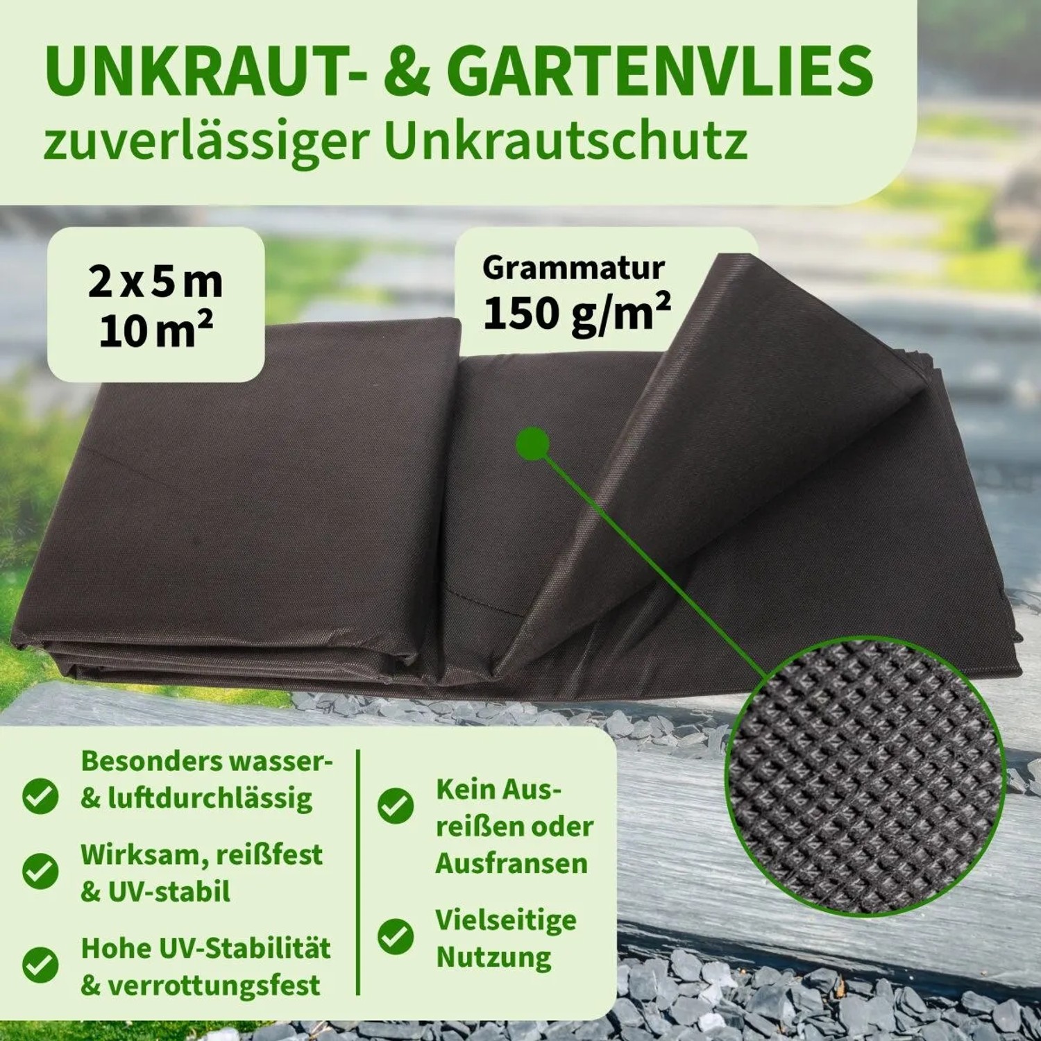 TTL GARDEN Unkrautvlies 150g/m² 2x5m Schwarz 10m² Extra Starkes Gartenvlies gegen Unkraut Mulchvlies Wasserdurchlässig_2