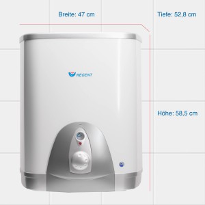 Regent Hängespeicher REG 50 QB EU, 50 Liter Warmwasserspeicher, Abmessungen eingezeichnet.