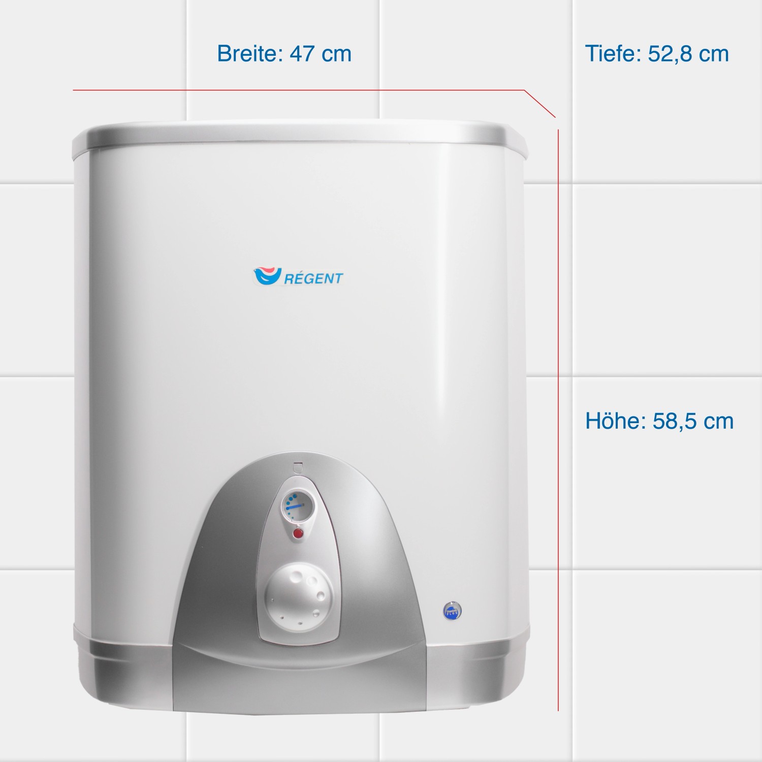 Regent Hängespeicher REG 50 QB EU, 50 Liter Warmwasserspeicher, Abmessungen eingezeichnet.