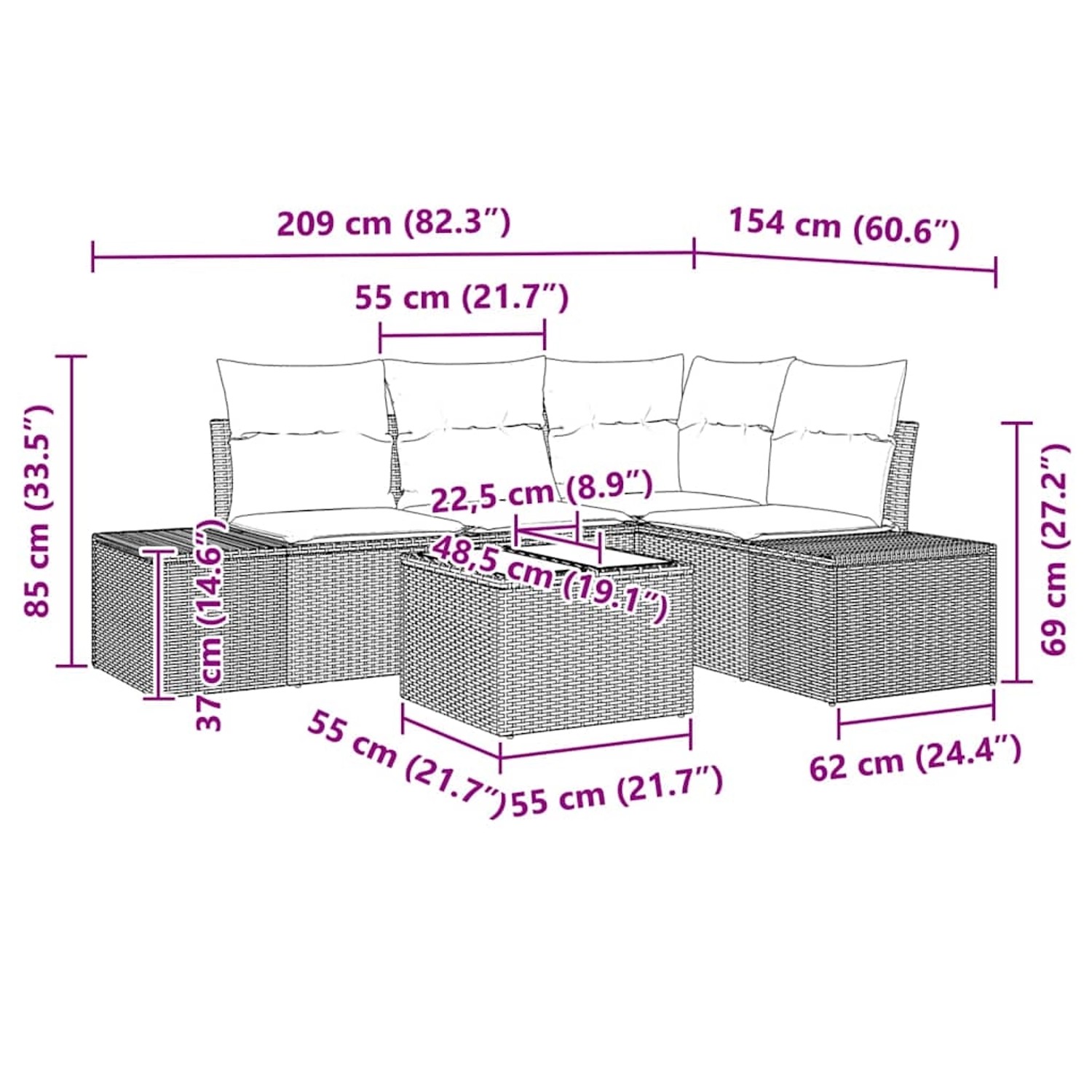vidaXL Gartenmöbel Set, 5-teilig, schwarz, Poly Rattan, mit Maßen. Ideal für Terrasse und Garten.
