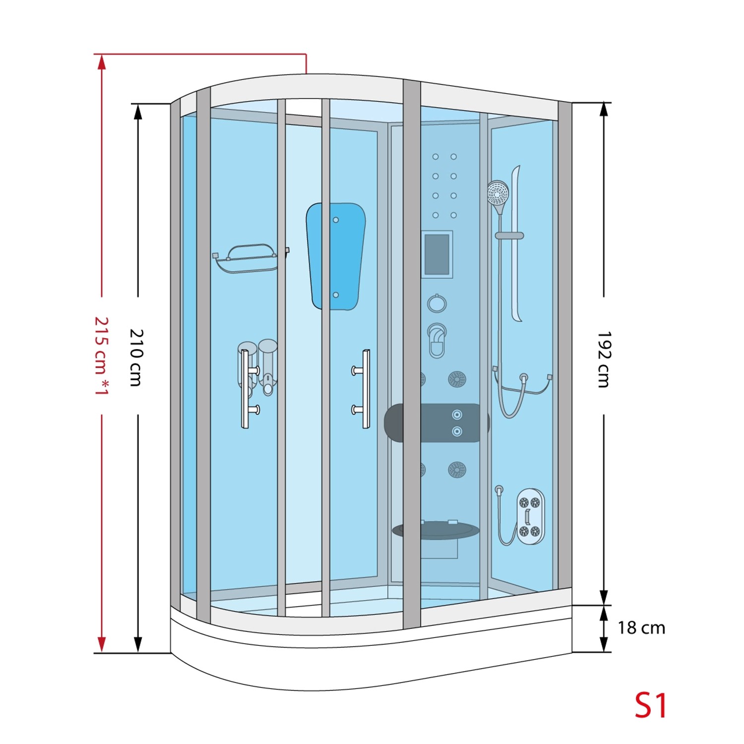Skizze einer AquaVapore Duschkabine D60-70M2L, 120x80 cm, mit Maßangaben.
