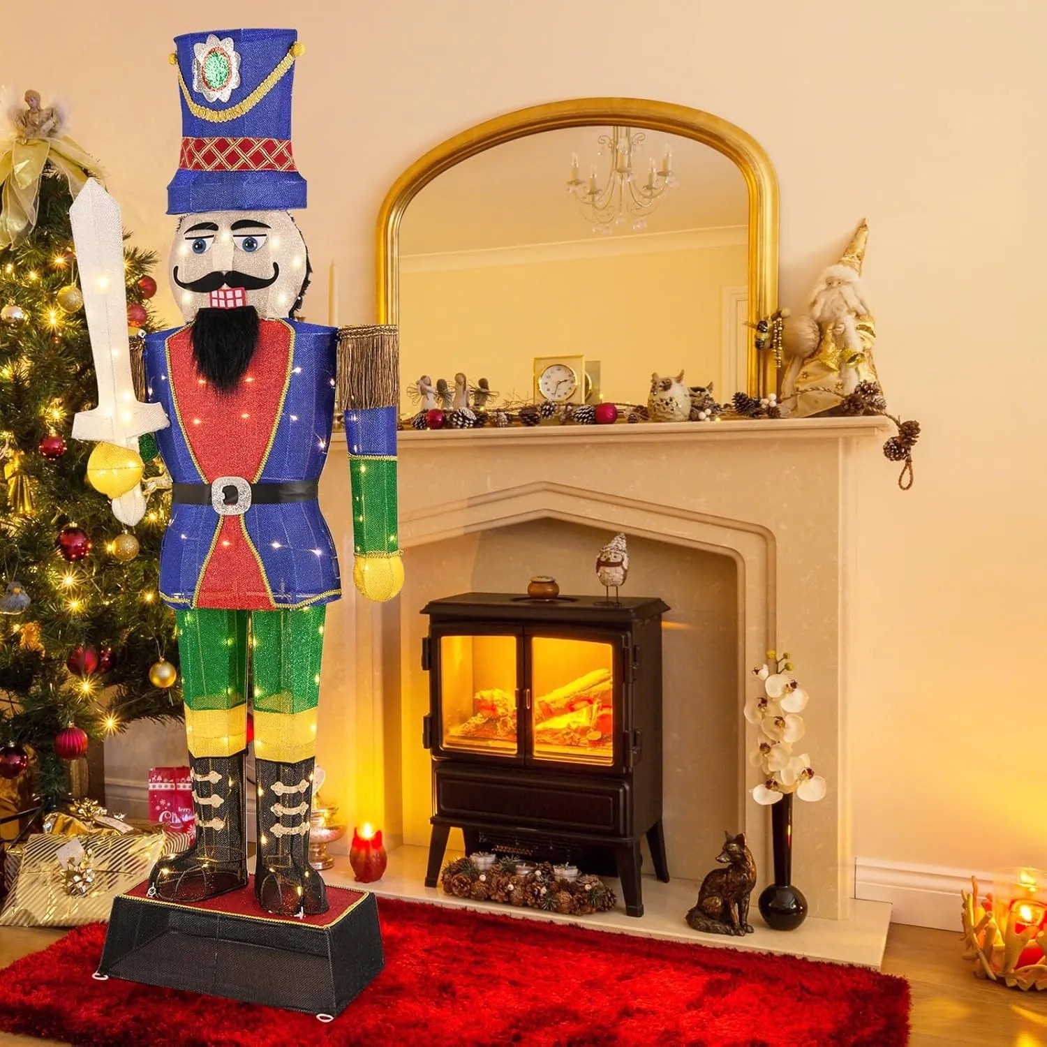 184 cm großer, beleuchteter Nussknacker Soldat mit Schwert und LED-Lichtern für festliche Weihnachtsdeko.