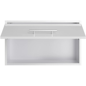 Weißer Optifit Rurik986 Küchen-Hängeschrank (60cm) mit geöffneter Klappe und Edelstahlgriff.