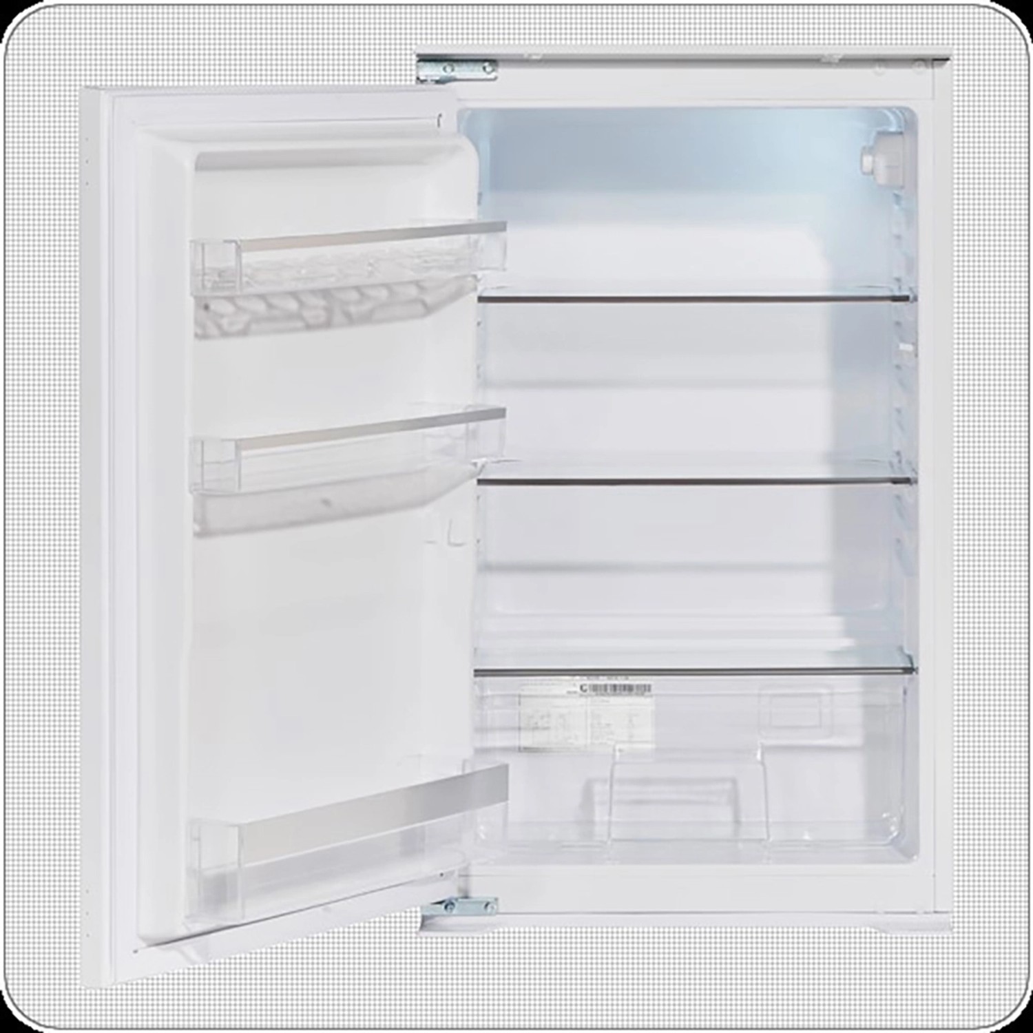 Offener, weißer Wolkenstein Einbaukühlschrank WKS135.0EEB mit Glasablagen.