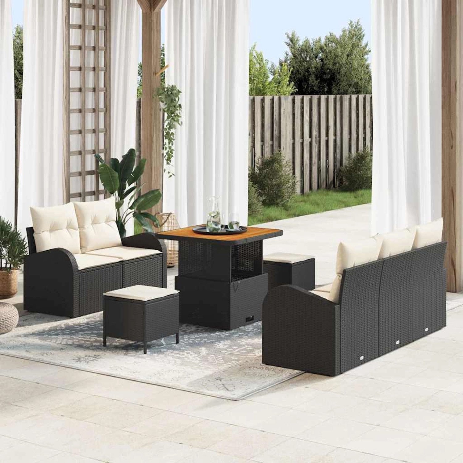 Schwarzes 8-tlg. vidaXL Garten-Sofa-Set aus Poly Rattan mit Tisch und Hockern.