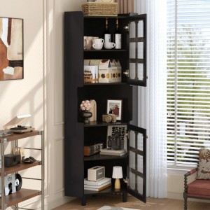 Schwarzer Eckschrank mit Lackoberfläche, LED Beleuchtung, Glastüren und offenen Fächern. Moderne Vitrine/Bücherregal.