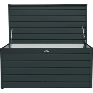 Geöffnete Duramax Metall-Gerätebox Palladium in Anthrazit. Wetterfeste Aufbewahrungsbox für den Garten.