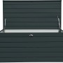Geöffnete Duramax Metall-Gerätebox Palladium in Anthrazit. Wetterfeste Aufbewahrungsbox für den Garten.
