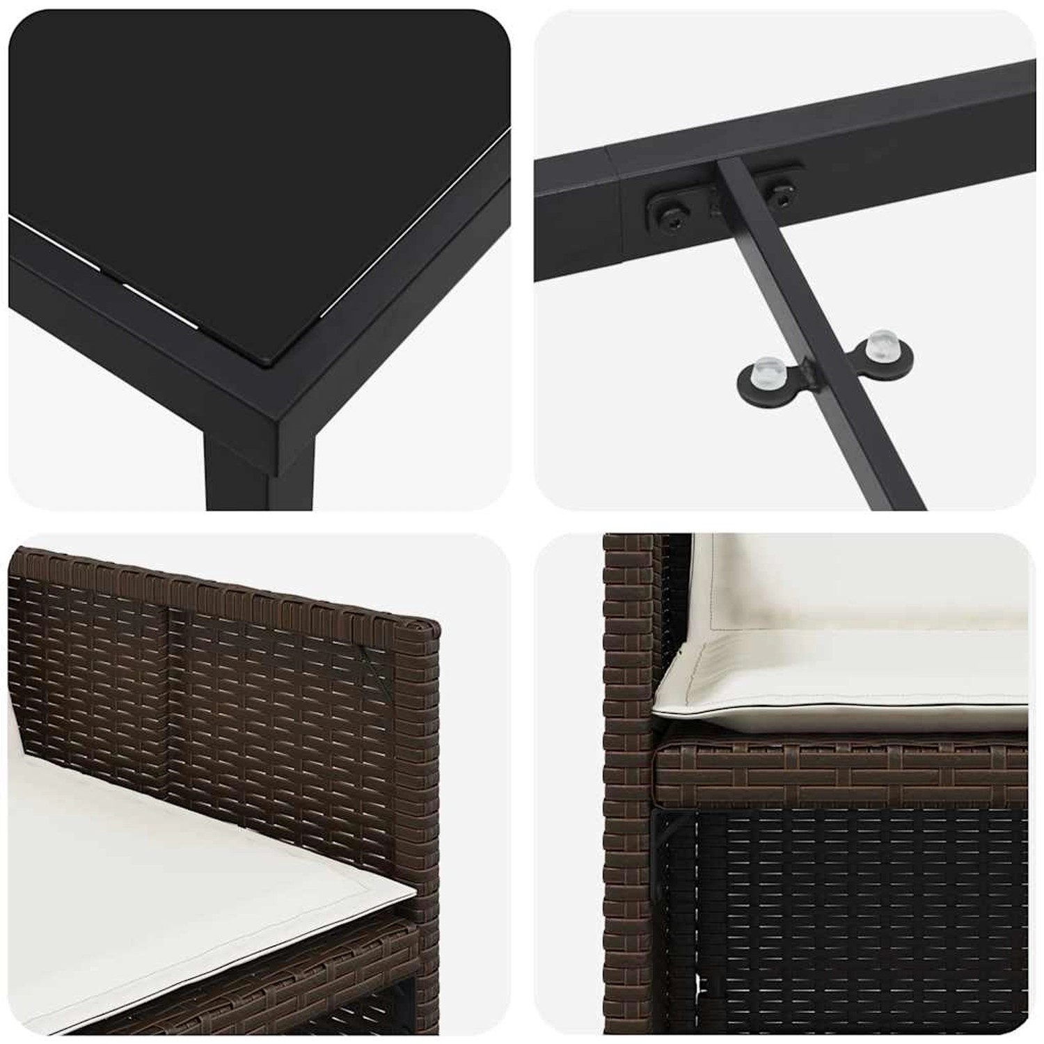 Detailansicht der braunen vidaXL Garten Essgruppe aus Polyrattan, 5-teilig, mit Tisch und Stühlen.