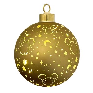 Goldene Disney Weihnachtskugel mit beleuchteten Mickey-Köpfen, Sternen und Monden. Festliche Glas-Deko Ø 10 cm.
