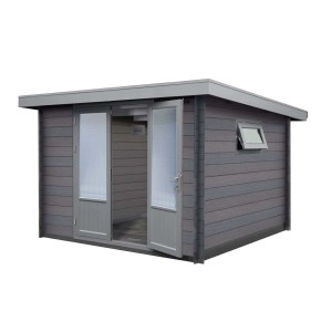 Graues Finnhaus Wolff WPC Gerätehaus Bella mit Doppeltür und Ausstellfenster.