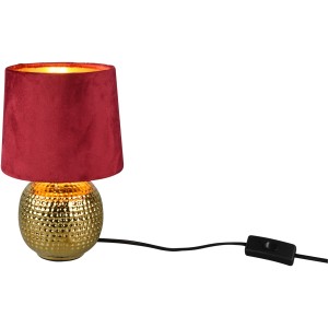 Goldene Reality Tischleuchte Sophia mit rotem Samtschirm, 26 cm hoch. Design-Tischlampe für Wohnraum.