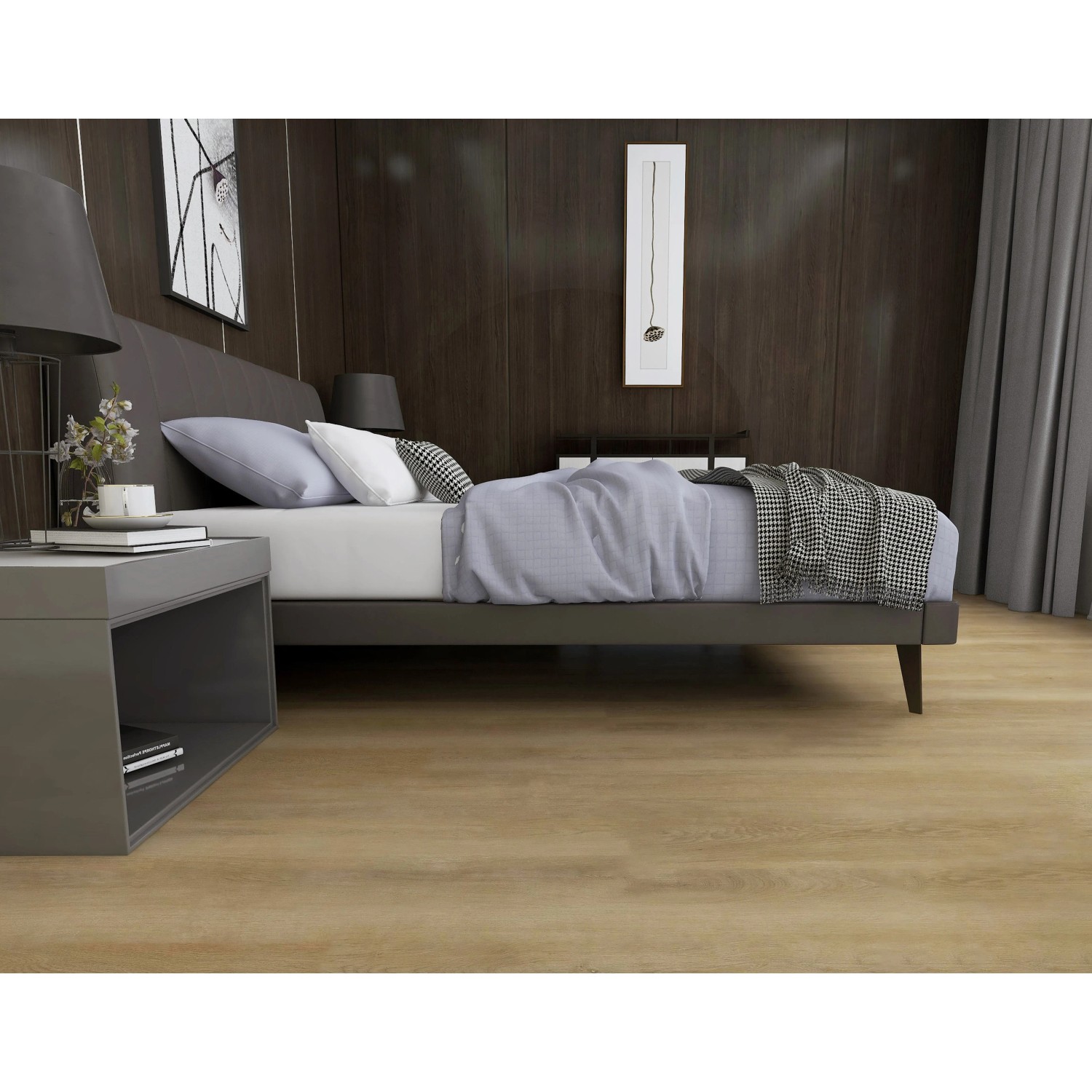 Verlegter Click-Vinylboden Akron Oak Breitdiele Town im Schlafzimmer.