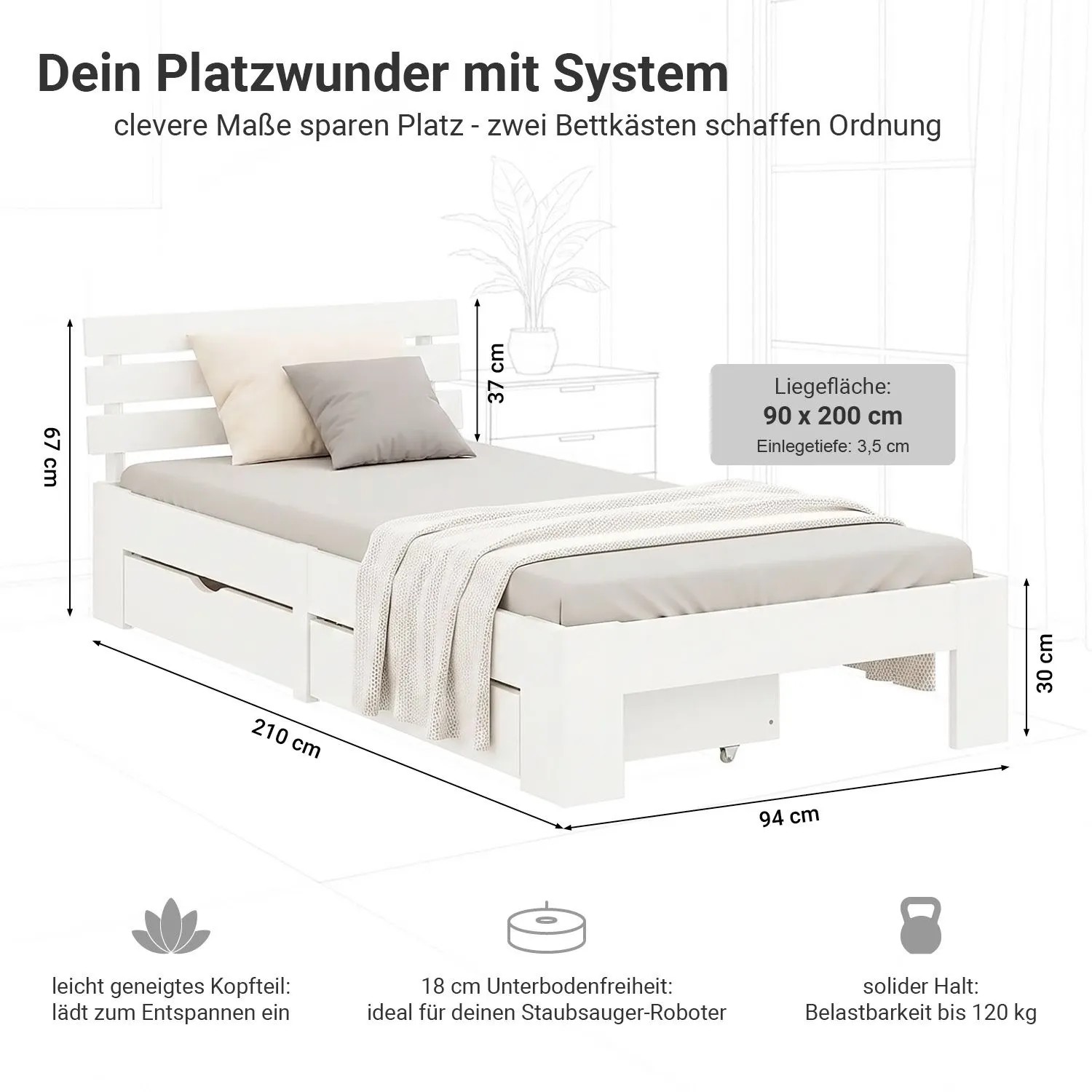 Homestyle4u Bett mit Stauraum 90 x 200 cm weiß Holz inkl. Lattenrost 2291 kaufen bei OBI