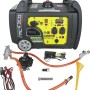 Champion Stromerzeuger Inverter DualFuel Benzin-Generator mit Zubehör. Kompaktes, schwarzes Design mit gelber Bedienblende.