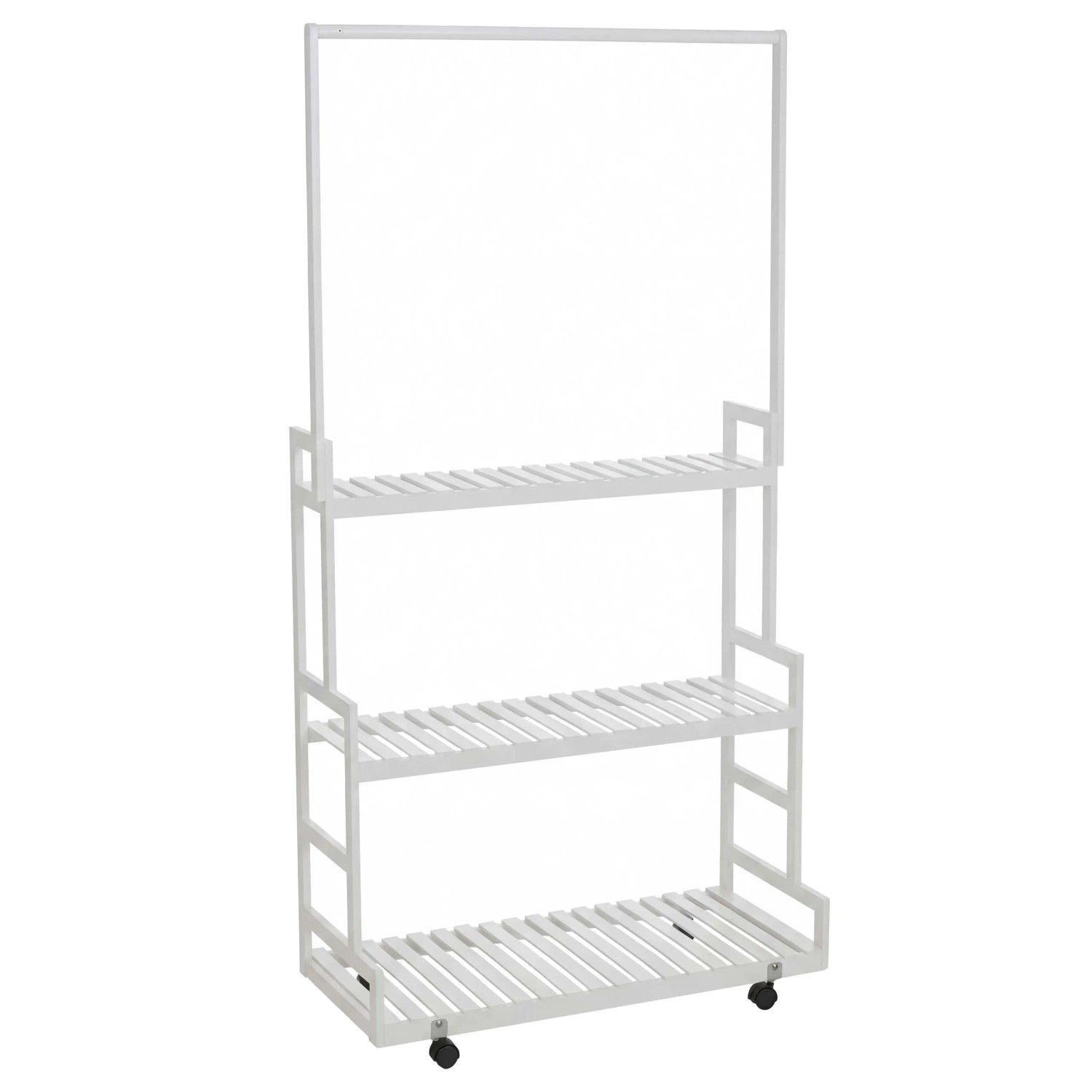 MCW Bambus Standgarderobe Q33 Stange 3 Ablagen Rollen 175x93x38cm Weiß