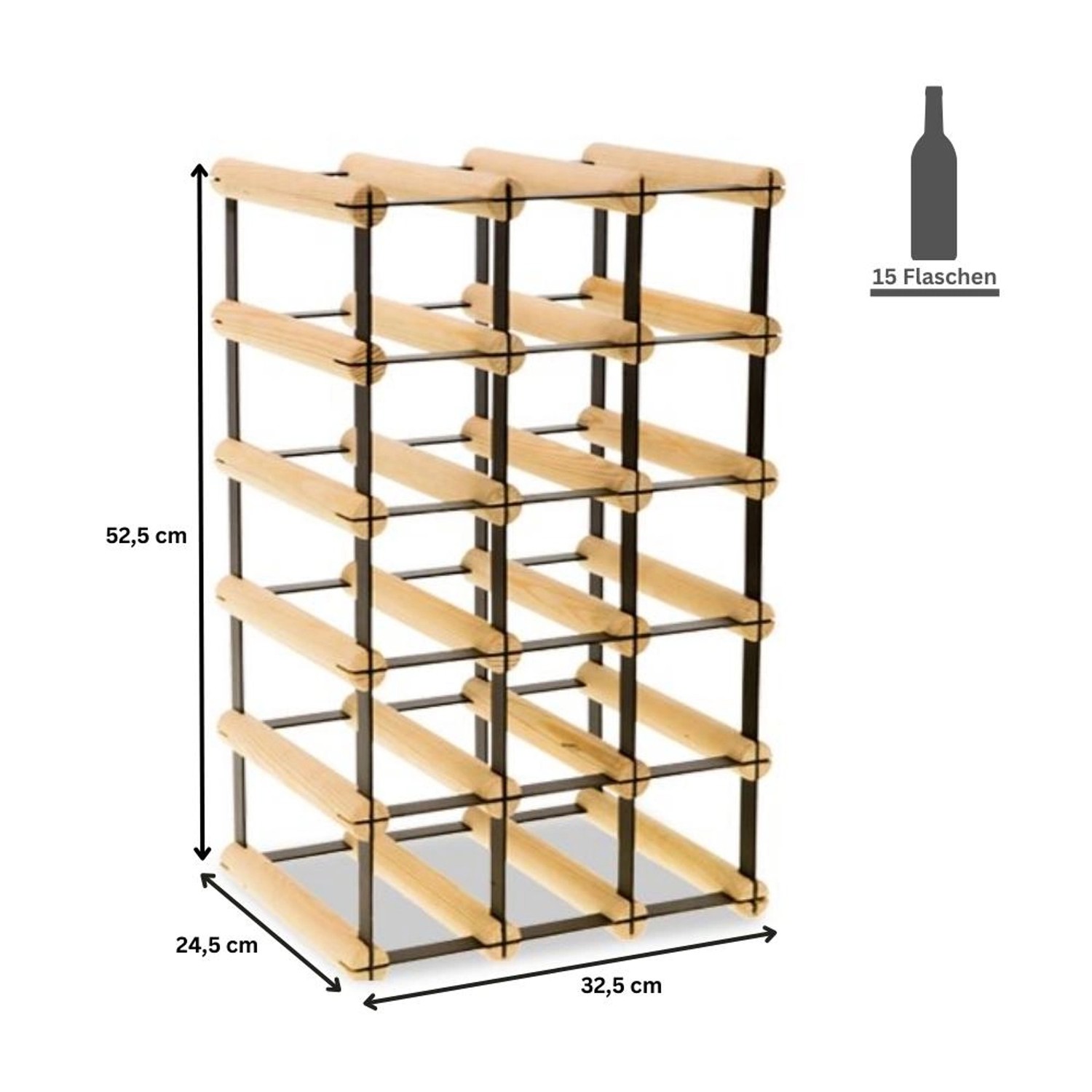 PROREGAL Weinregal aus Kiefernholz und Metall für 15 Flaschen, modulare Bauweise.