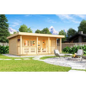 Lasita Maja Gartenhaus Liverpool 1 Natur aus Holz mit überdachter Veranda und Gartenmöbeln.