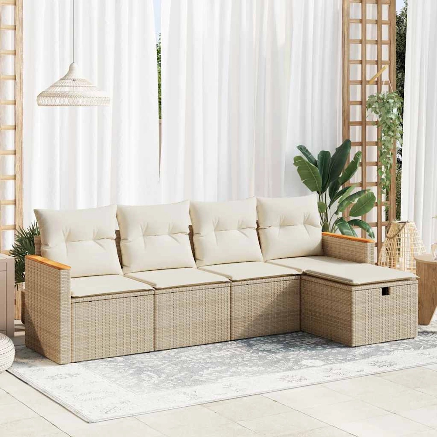 Beige 5-tlg. vidaXL Garten-Sofagarnitur aus Rattan mit Kissen für Terrasse und Garten.