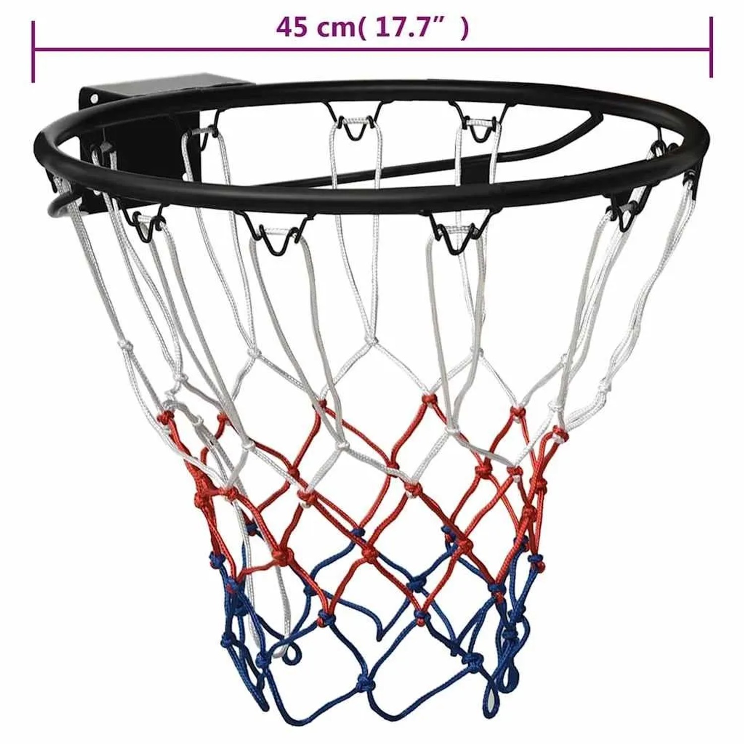 Schwarzer Basketballring (45 cm) aus Stahl mit rot-weiß-blauem Netz für Sport & Fitness.