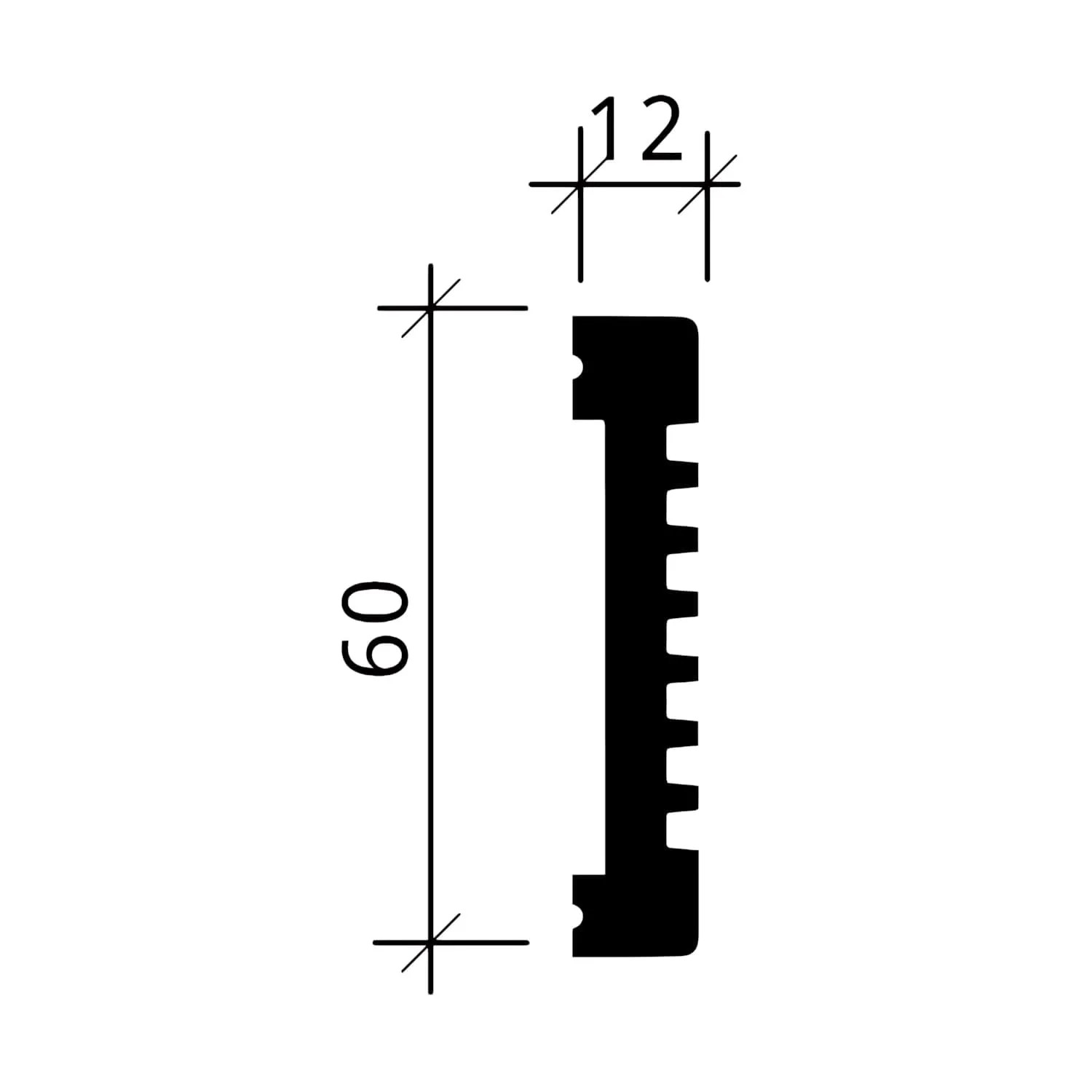 Technische Zeichnung einer weißen PROFHOME Wandleiste (6 cm hoch, 1,2 cm tief) für Paneele.