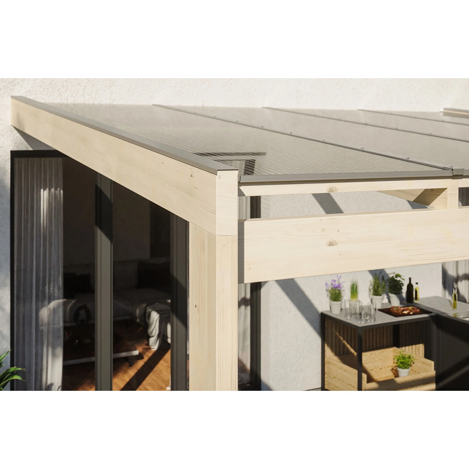 Skan Holz Terrassenüberdachung Novara, 557x359 cm, unbehandelt, mit klarer Doppelstegplatte.