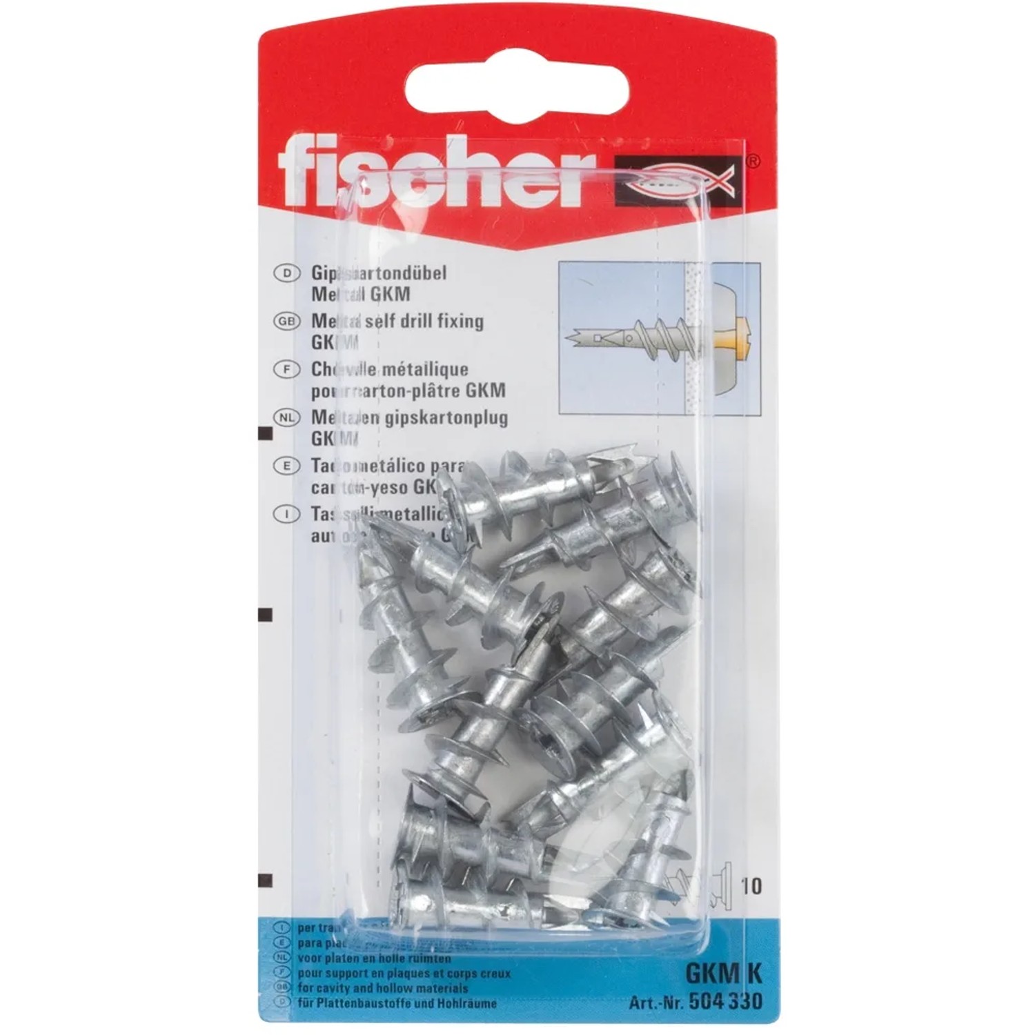 Fischer Gipskartondübel GKM K (10 Stk.) aus Metall, selbstbohrend für hohe Tragkraft.