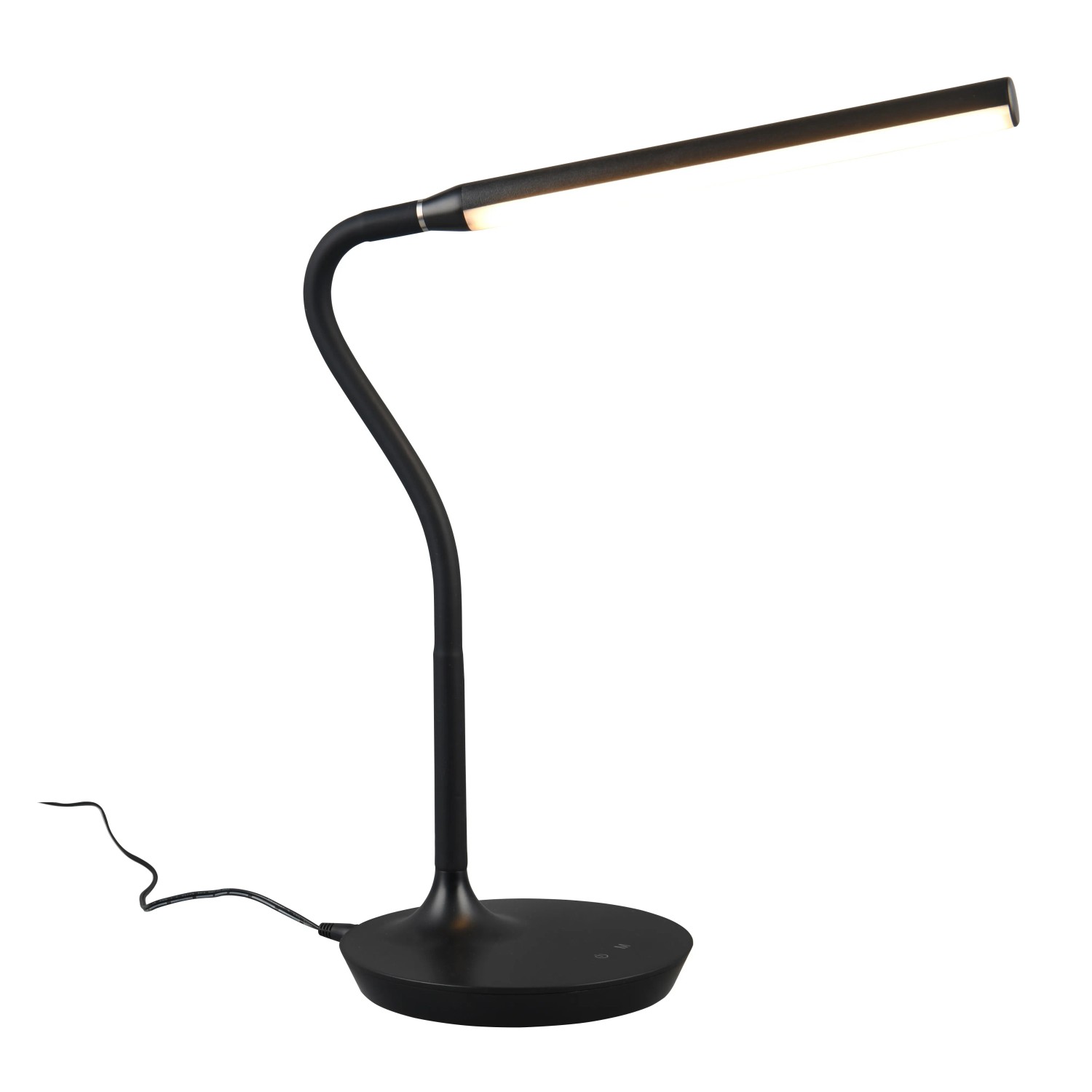 Schwarze LED-Tischleuchte Toro mit flexiblem Arm, ideal als Schreibtischlampe.
