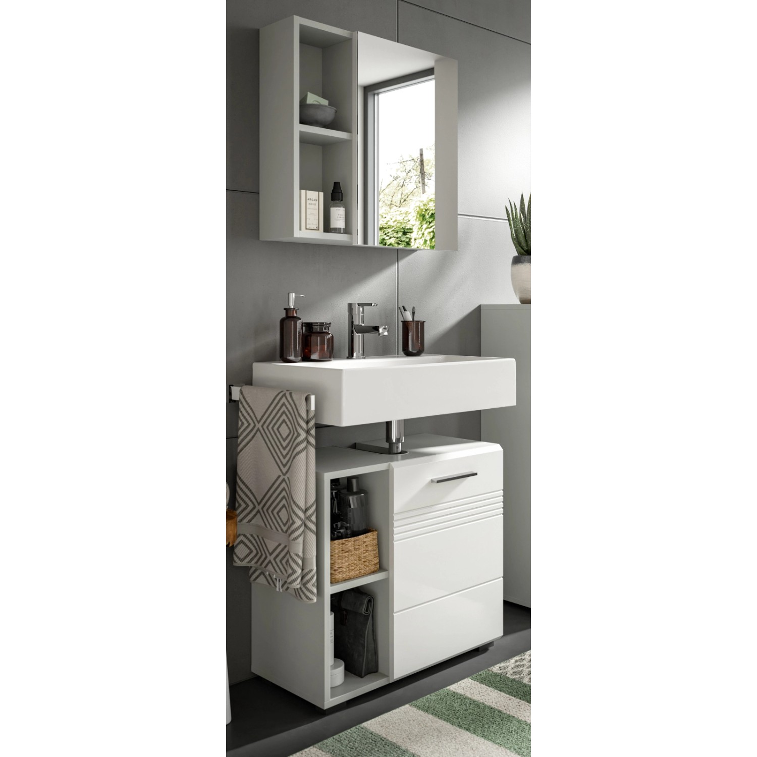 Inn.Furn Badmöbel-Set 2-teilig Weiß Hochglanz Grau 60 cm mit Soft-Close Car günstig online kaufen