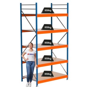 PROREGAL Industrie Weitspannregal Lagerregal MAXIMUS PRO Grundregal HxBxT 300x150x100cm 5 Spanplatten-Fachboden Fachlast 850kg Blau/Orange