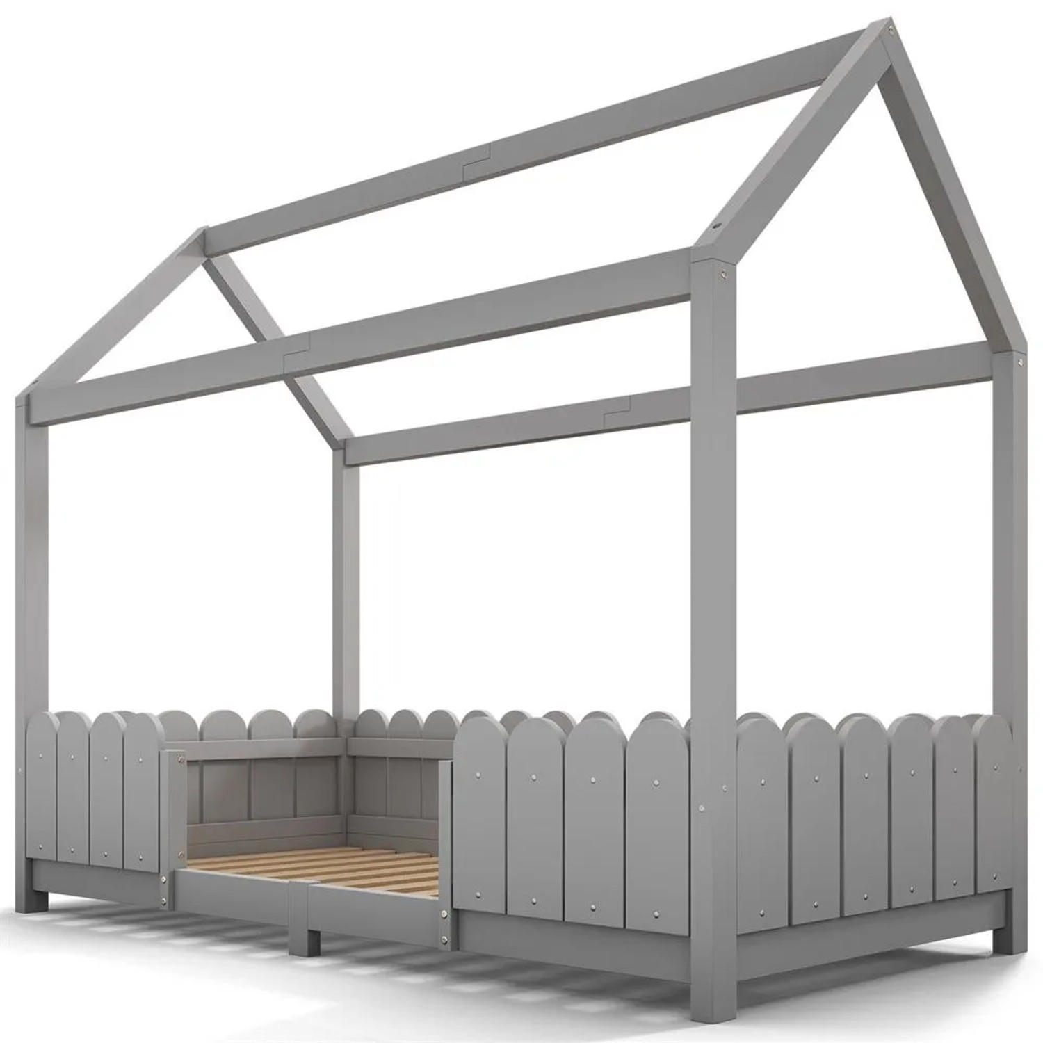 KOMHTOM Hausbett  Kinderbett  90 x 200 Cm  Mit Absturzsicherung Und Lattenrost  Kiefernholz + Mdf  Grau  Ohne Matratze