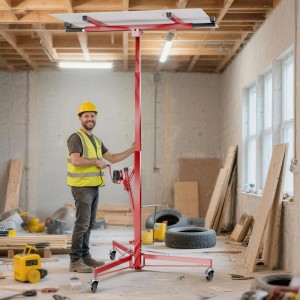 Roter Wiltec Plattenheber hebt Rigipsplatte zur Decke. Mann bedient die Trockenbau Montagehilfe mit Rollen.