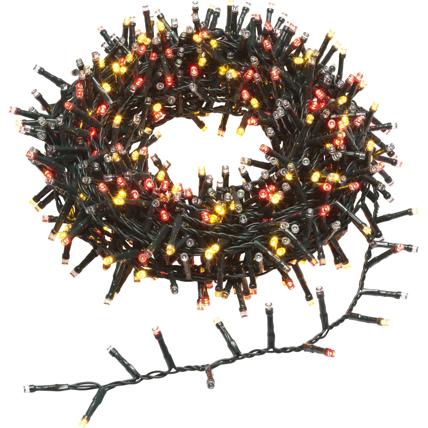 OBI Lichterkette mit 700 mehrfarbigen LEDs auf grünem Kabel, aufgerollt und teilweise ausgelegt, ideal für Garten & Terrasse.