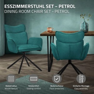 Petrolfarbene Esszimmerstühle, 4er Set, drehbar, mit Stoffbezug und schwarzem Metallgestell. Modern & gepolstert.
