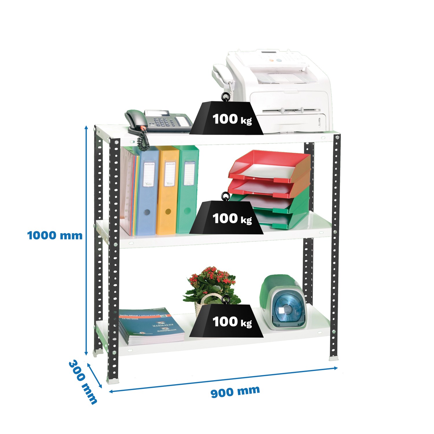 PROREGAL Schraubregal Panda Small, anthrazit-weiß, mit 3 Böden und Büroartikeln belastet.