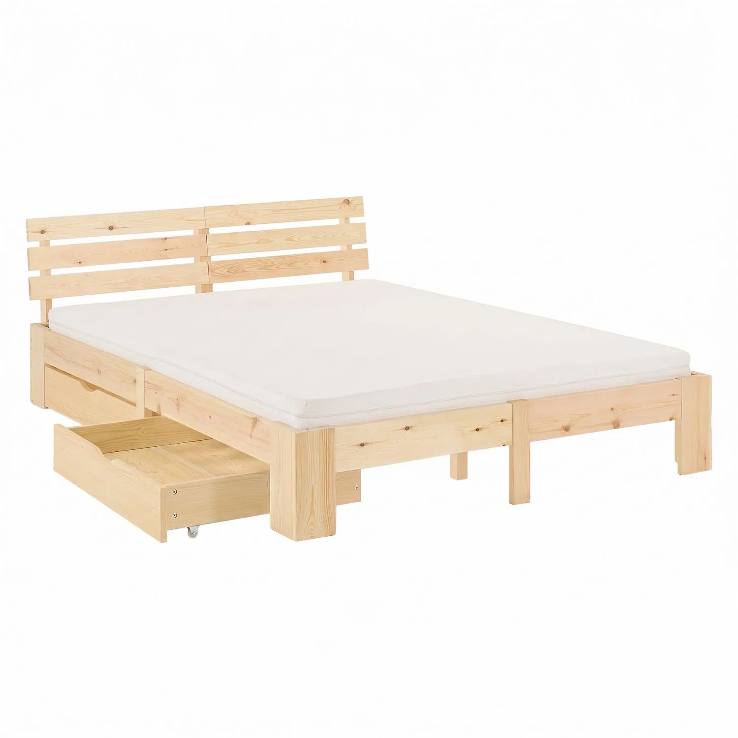Homestyle4u Holzbett 140x200 mit Matratze und 2 Bettkästen in Braun 3204