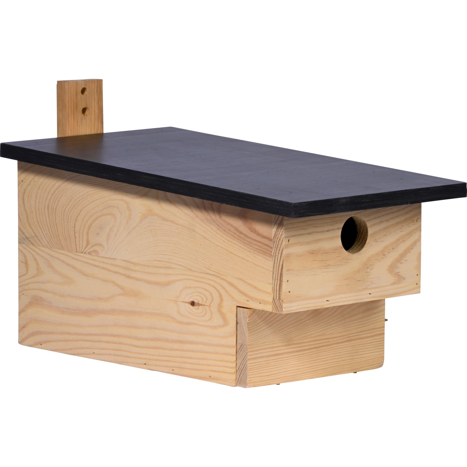 Dobar Nistkasten für Höhlenbrüter aus Kiefernholz mit schwarzem Dach und Aufhängvorrichtung.
