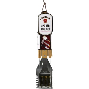 Jim Beam Grillbesteck, 3-teilig: Grillwender, Zange und Bürste mit Holzgriffen.