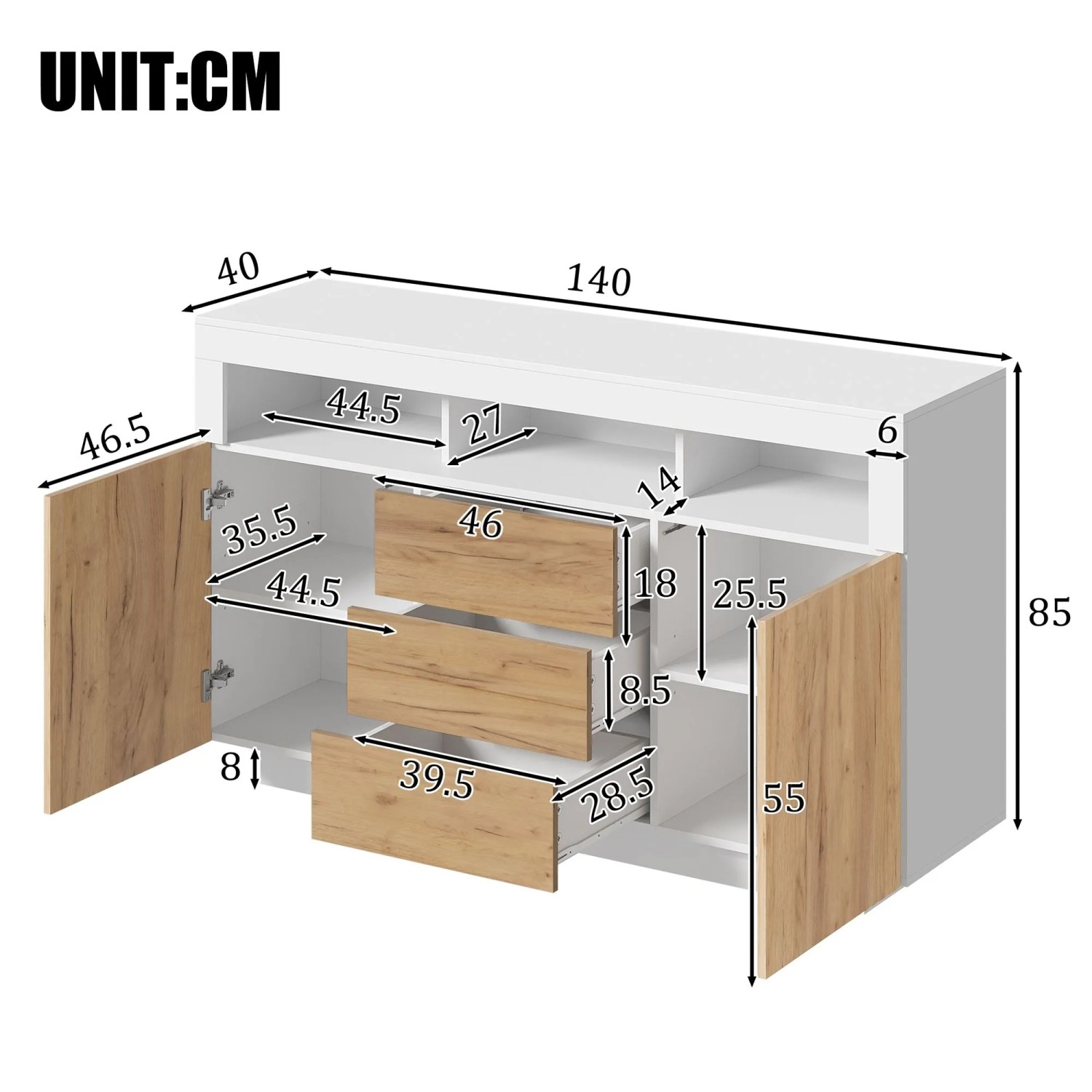 Merax Sideboard 140x40x85 cm in Natur Weiß mit Holzfronten, 3 Schubladen, 2 Türen und offenen Fächern für Wohnzimmer.
