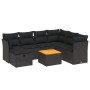Schwarze 8-tlg. Garten-Sofagarnitur aus Polyrattan mit Kissen und Akazientisch für Terrasse und Garten.