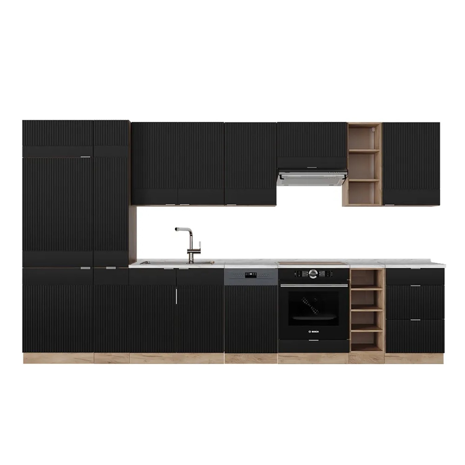 Vicco Fame-Line Küchenzeile Schwarz gestreift/Goldkraft Eiche 355 cm ohne Arbeitsplatte ohne E-Geräte