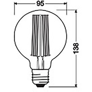 Skizze: Osram LED-Leuchtmittel E27 Globe, Maße 13,8x9,5cm, dimmbar, warmes Licht.